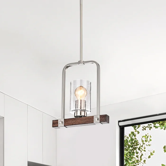 1-Light Brushed Nickel and Wood Finish Pendant with Seedy Glass Shade – Brushed Nickel and Faux Wood