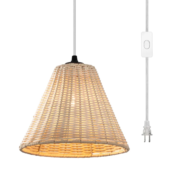 1-Light Plug-in Swag Pendant Light with Hand-woven Rattan Shade – Natural Rattan