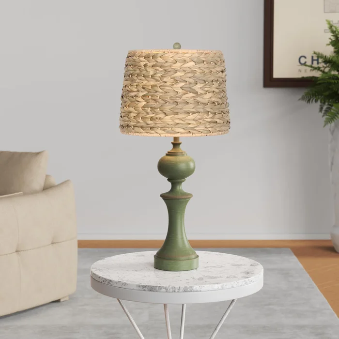 1-Light Rattan Retro Green Table Lamps