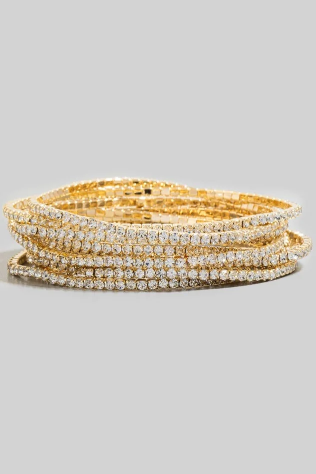 10 Piece Elastic Rhinestone Bracelet Set: Gold