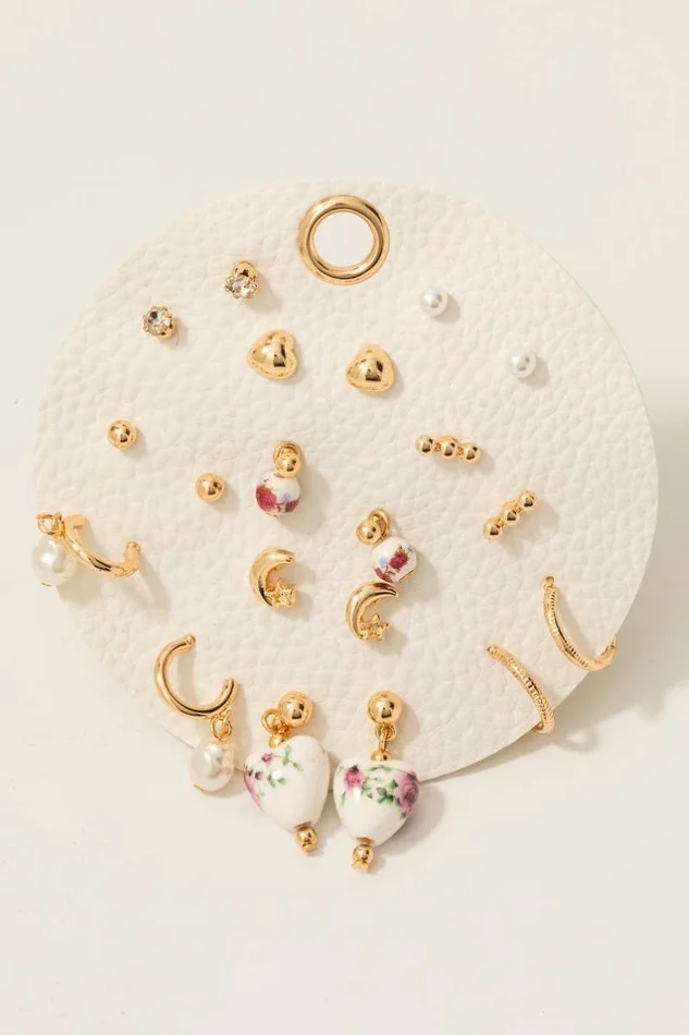 10 Piece Pearl And Ceramic Mixed Earrings Set: Gold