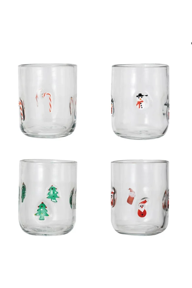 16 oz. Drinking Glass w/ Embedded Holiday Icon Pattern S/4