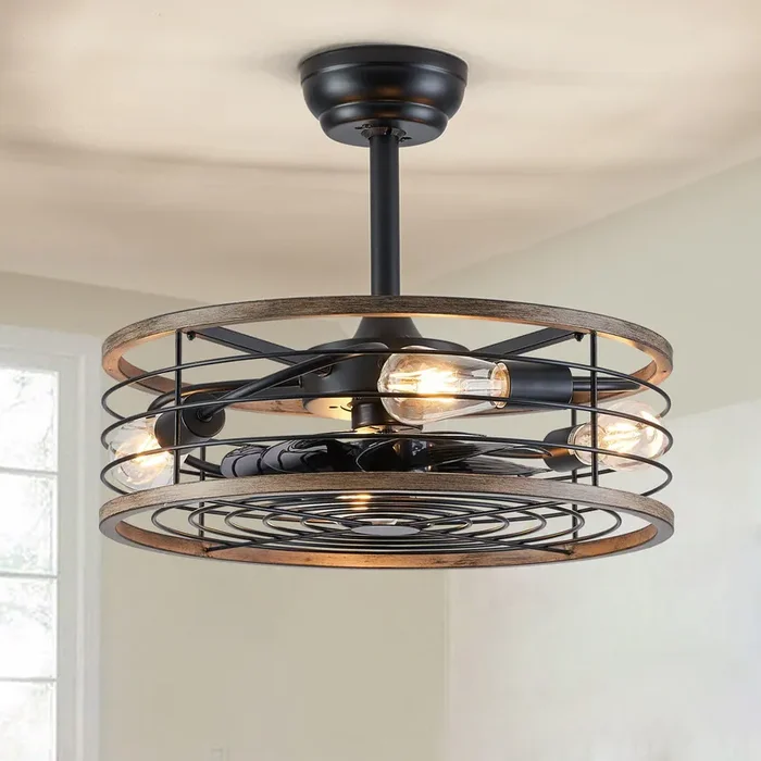19.7 in. Wood Finish Ceiling Fan with Light Low Profile Farmhouse Indoor Ceiling Fans Caged Ceiling Fan Light for Bedroom