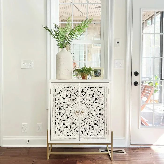2-Door White Flower Hollow-Carved Metal Feet Cabinet