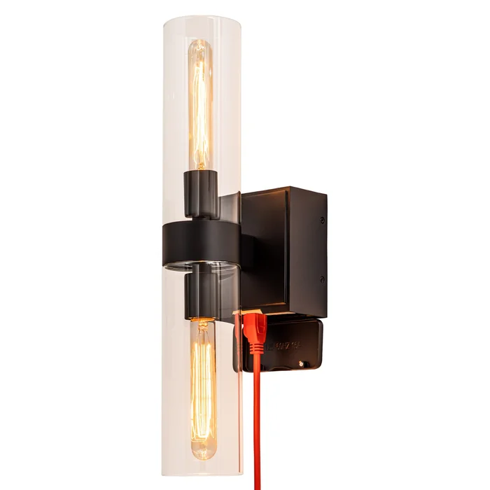 2-Light Black Wall Sconce with GFCI Outlet and Clear Glass Tubes