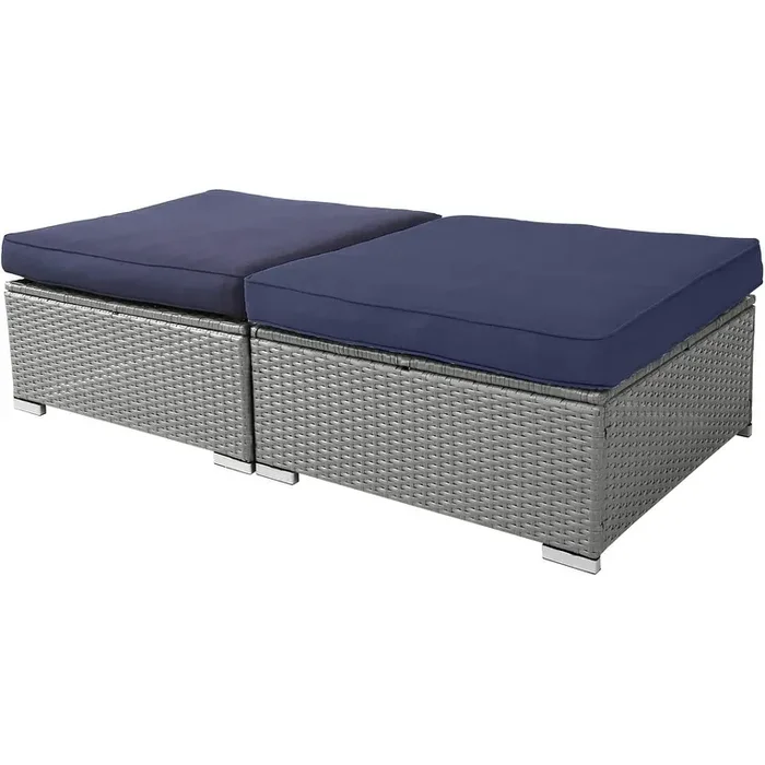 2 Pieces Outdoor Patio Rattan Grey Wicker Ottoman Cushioned Seat