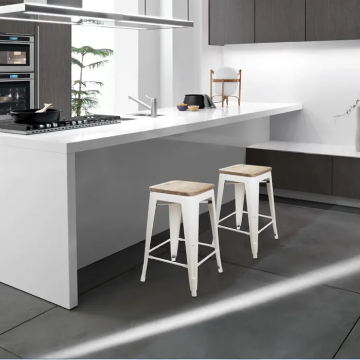 24in Backless Stool-Cream White/Light Wood Bar Metal Stool