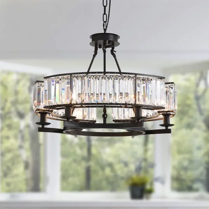 26 in. Round Crystal Chandelier Black Industrial Dining Room Light Fixtures 6-Light for Farmhouse Living Room Foyer