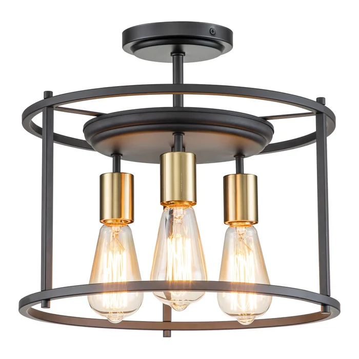 3-Light Black and Gold Drum Cage Semi Flush Mount Light