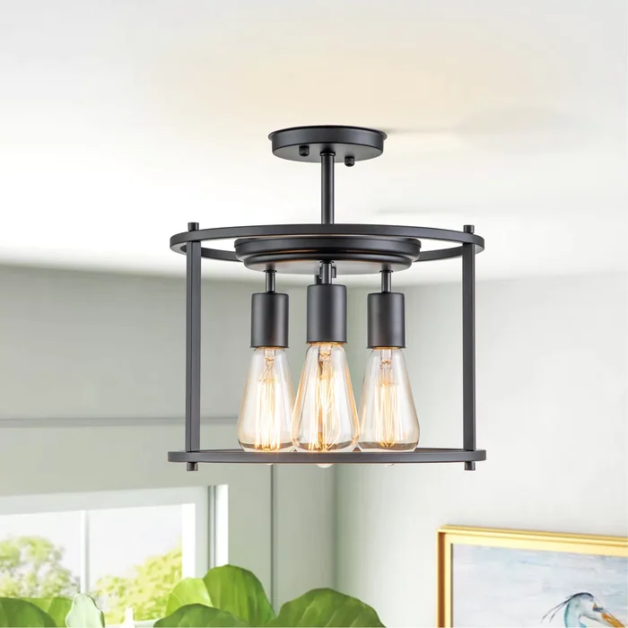 3-Light Black Drum Cage Semi Flush Mount Light