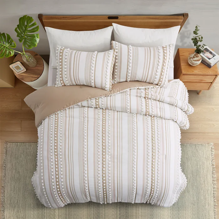 3 Pieces All-Season Striped Ball Pom Design Comforter Set Boho Bedding