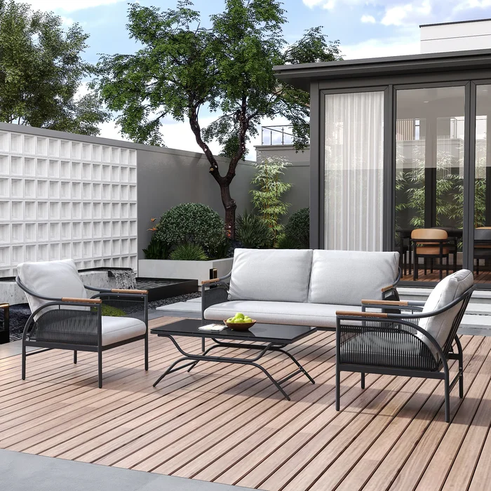 4-Piece Dark Grey Iron Outdoor Patio Furniture Set with Removable Cushions