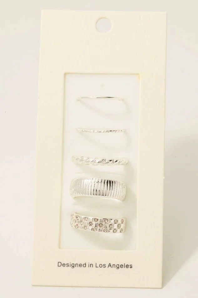 5 Piece Mixed Band Rings Set: Silver