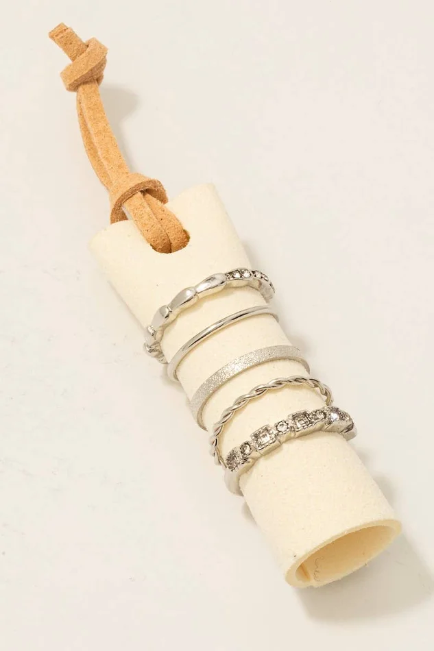 5 Piece Mixed Texture Band Rings Set: Silver