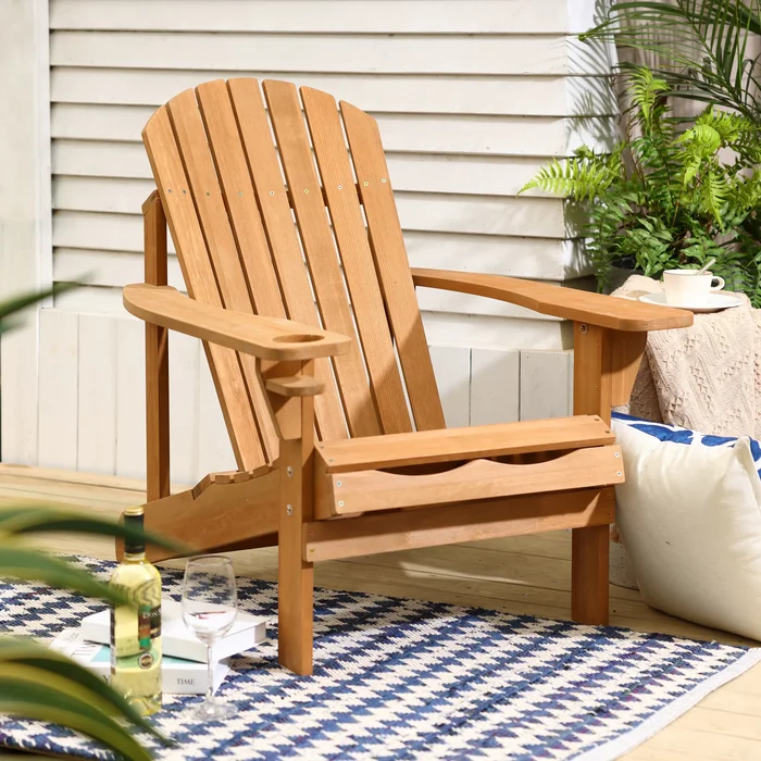 Adirondack Spacious Brown Outdoor Wood Chair with Cup Holder
