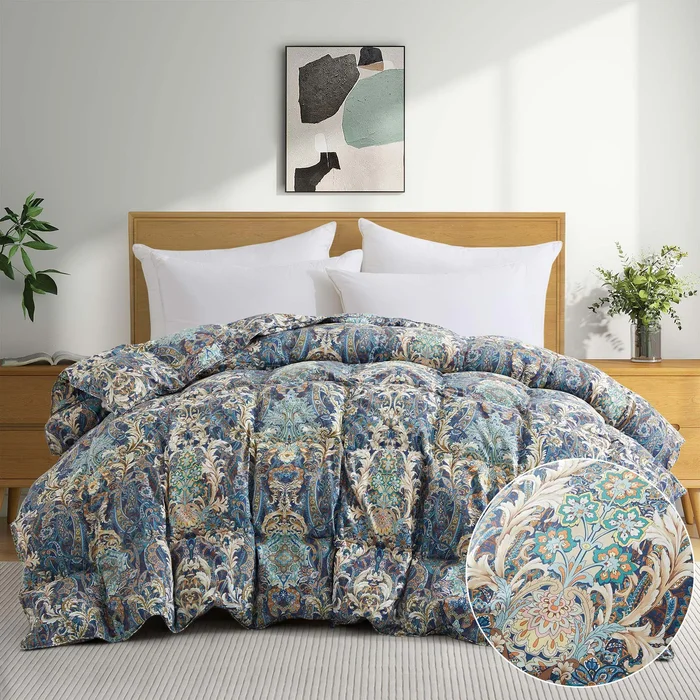 All Season Paisley Floral Printed Vintage White Goose Feather Down Comforter