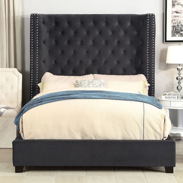 Arun Transitional Grey Fabric Wing Back Upholstered Tufted Panel Bed by Furniture of America