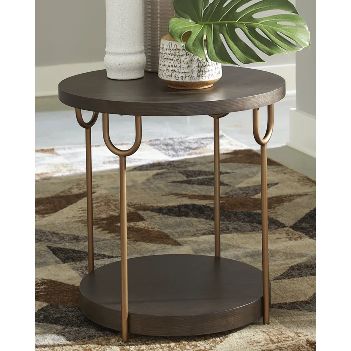 Ashley Furniture Brazburn Dark Brown/Gold Finish Round End Table – 24″W x 24″D x 24″H