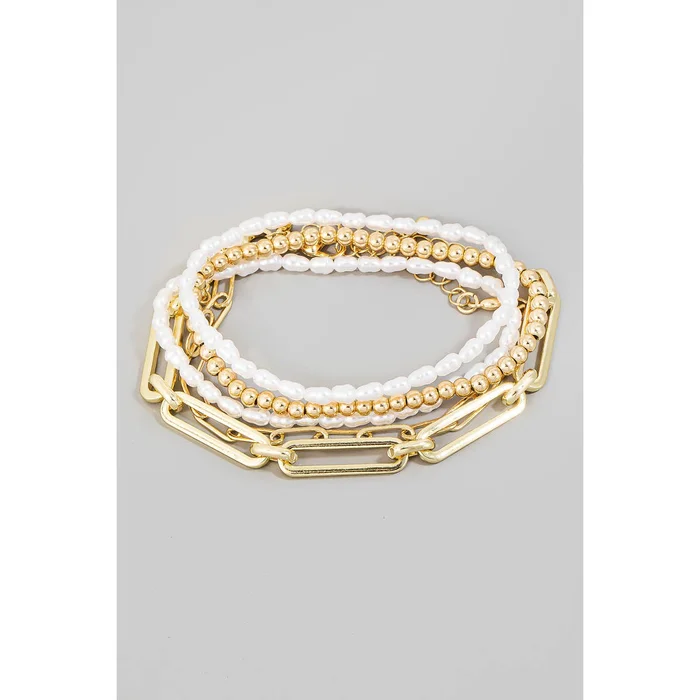 Assorted Pearl Bead Chain Bracelet Set: Gold