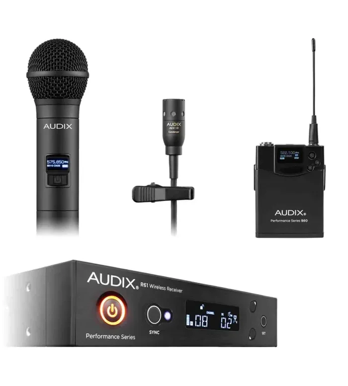 Audix AP61 OM2 L10, R61 Diversity Receiver, H60/OM2 Handheld Transmitter, And B60 Bodypack Transmitter with ADX10 Microphone