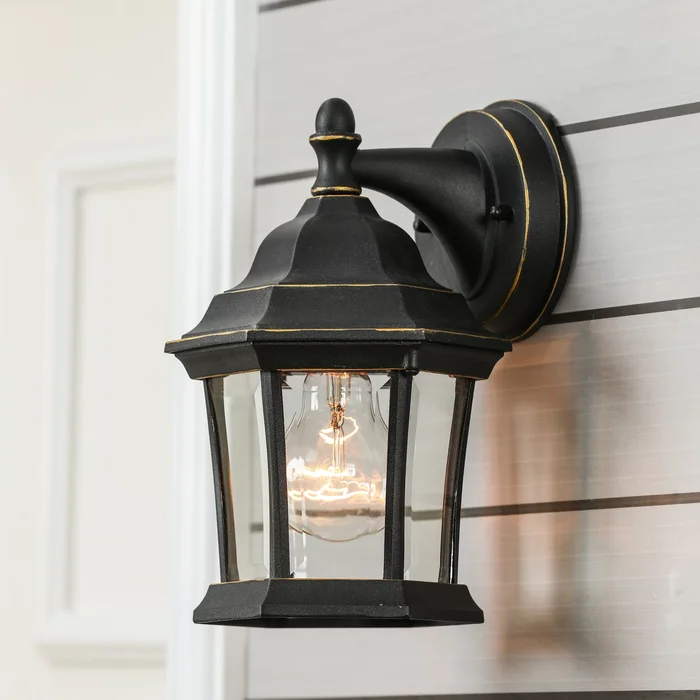 Black and Gold Single-Bulb Metal Outdoor Wall Sconce