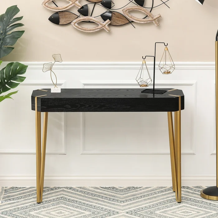 Black Wood and Gold Metal Console and Entry Table – 30.25″ H x 42″ W