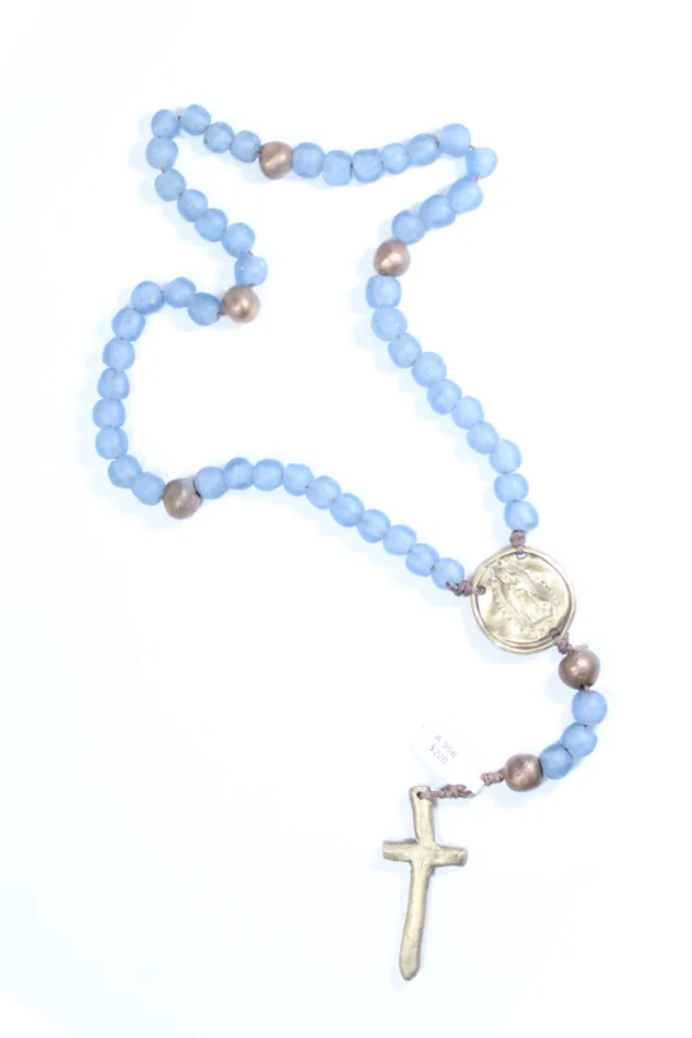 BLUE GLASS ROSARY WITH BRONZE GUADALUPE