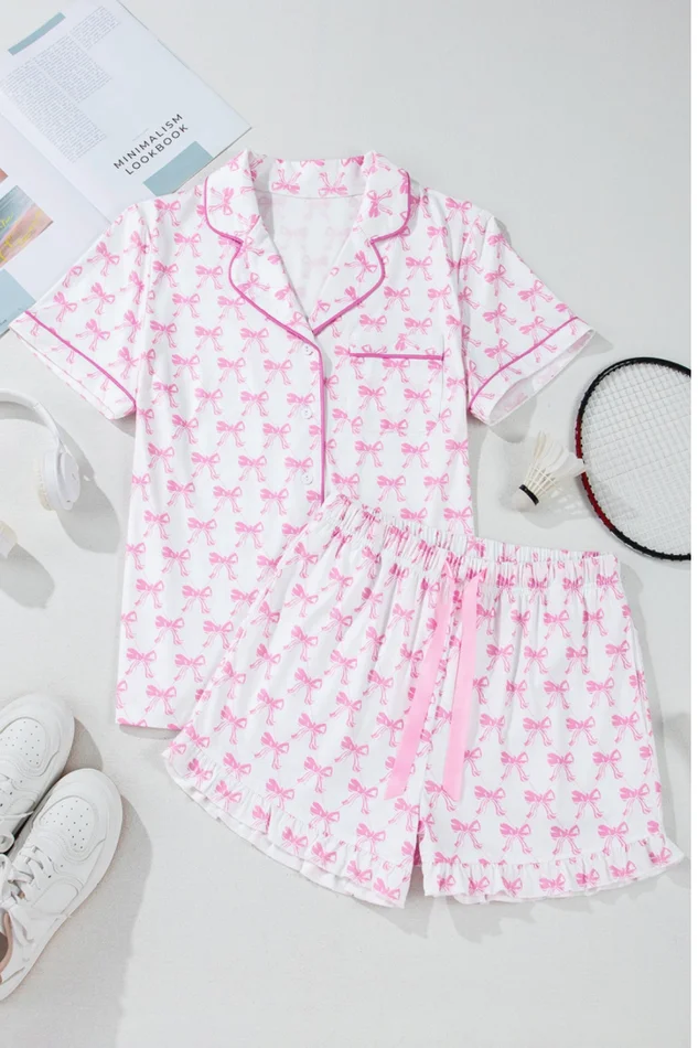 BOWKNOT PRINTED SHORT SLEEVE /RUFFLE SHORT PAJAMA SET
