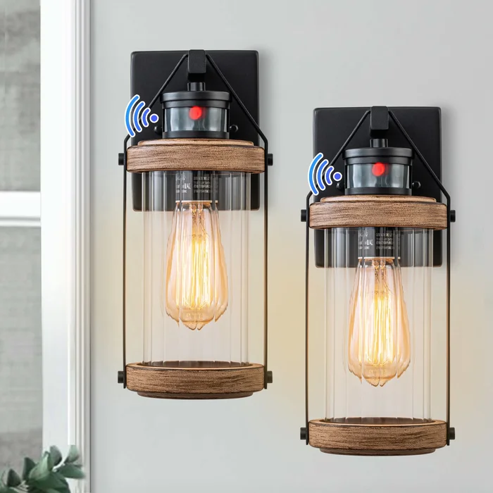 C Cattleya 2-Pack Black and Woodgrain Motion Sensor Dusk to Dawn Outdoor Wall Sconces Light