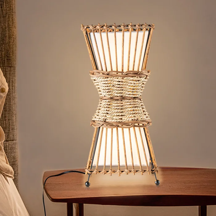 C Cattleya Bamboo and Rattan Table Lamp with White Fabric Shade