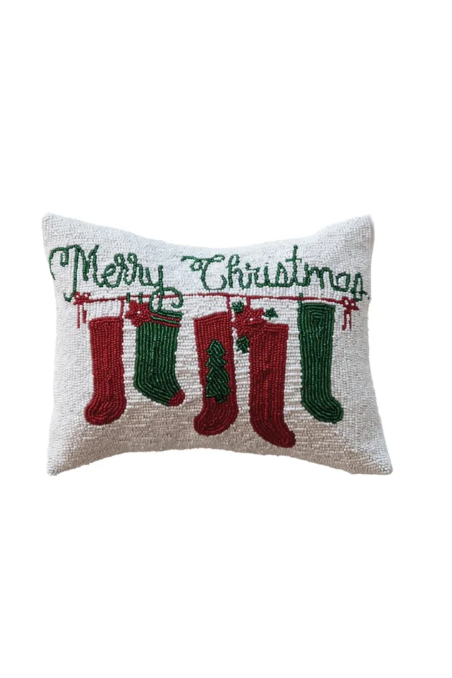 Cotton Beaded Lumbar Pillow w/ Stockings & Velvet Back