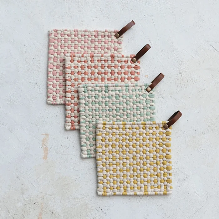 Cotton Crocheted Pot Holder w/ Leather Loop, Assorted Colors