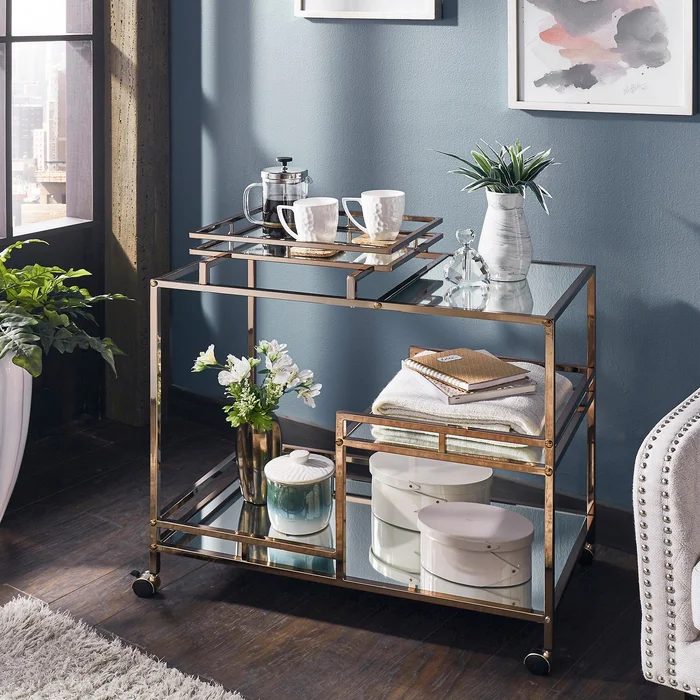 Deblina Champagne Gold and Mirror Bar Cart by iNSPIRE Q Bold – Bar Cart