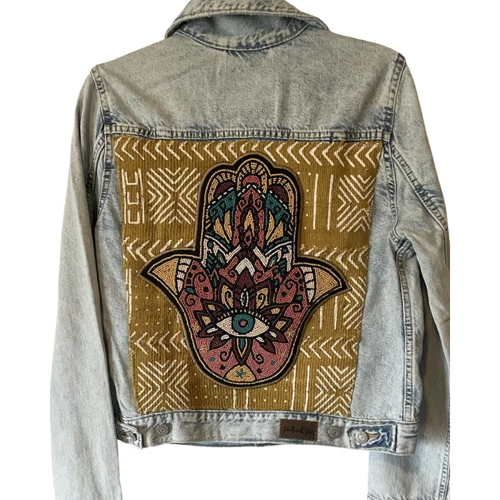 Denim Jacket – Hand Beaded Hamsa w/African Mud Cloth