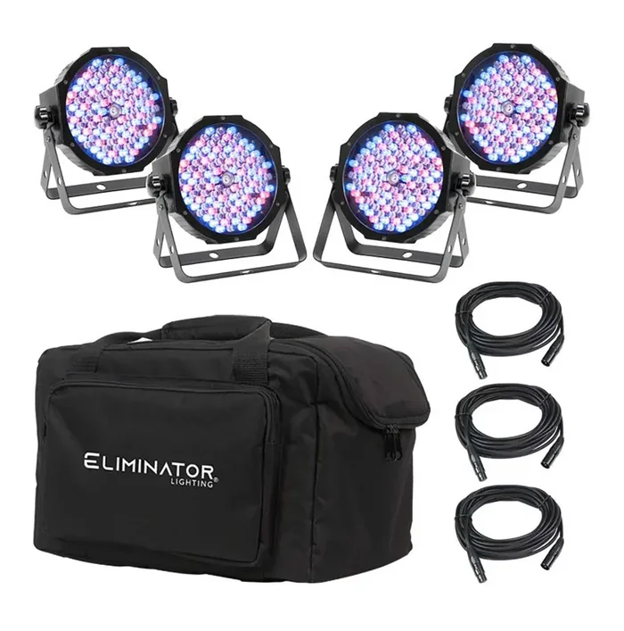 Eliminator Lighting Mega Flat PAK EP, 4 Mega Par Profile EP LED Pars with 3 DMX Cables and Carrying Bag