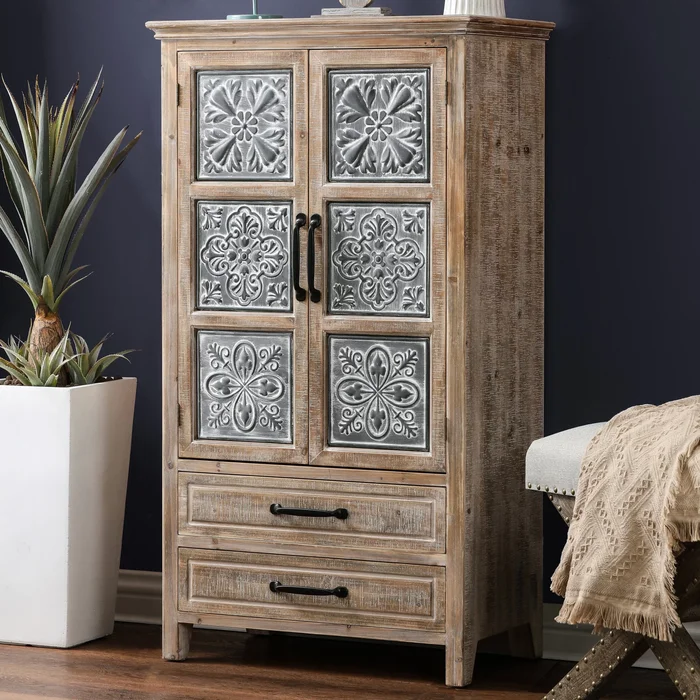 Farmhouse Wood and Metal 2-Drawer 2-Door Storage Cabinet – 4-Ft Tall