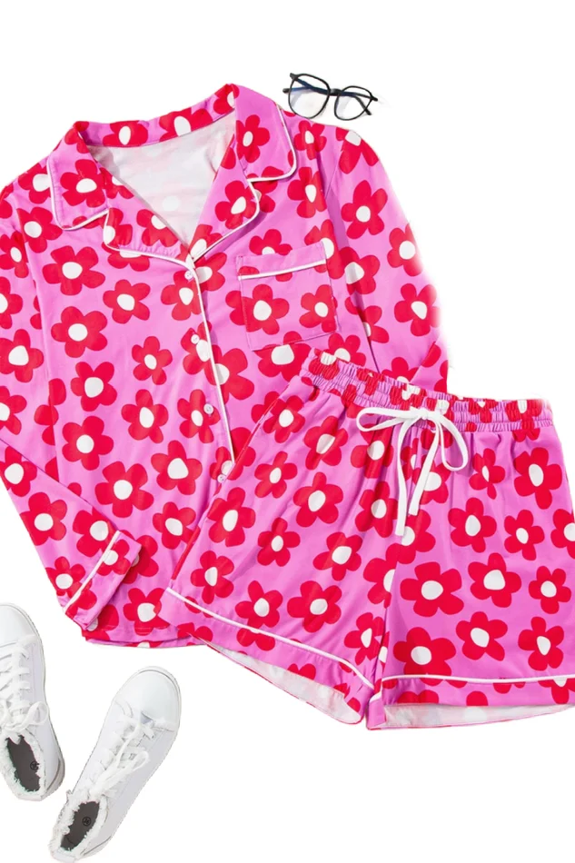 FLOWER PRINT LS SHIRT & SHORTS PJ SET