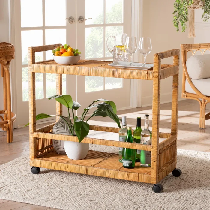 Genet Modern Bohemian Natural Brown Rattan and Teak Wood 2-Tier Kitchen Cart