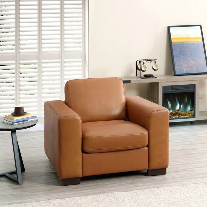 Genuine Leather Accent Chair – Ultimate Comfort Mid-Century Living Room Chair Modern Small Couch with Sturdy Block Legs