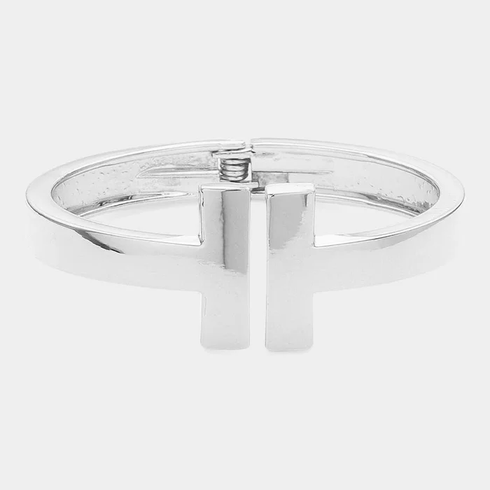 Geometric Metal T Bar Hinged Bangle Bracelet: Silver