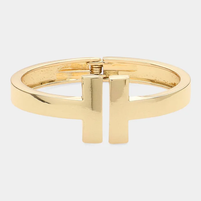 Geometric Metal T Bar Hinged Bangle Bracelet: Yellow Gold