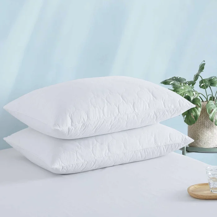 Goose Feather Down Medium Pillow White Quilted Cotton Cover Set of 2