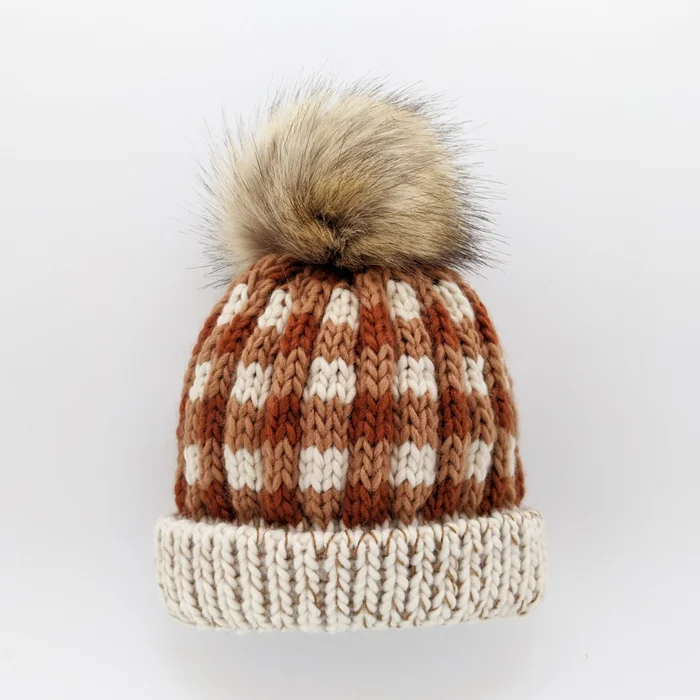Hat (Knit Beanie) – Sienna Buffalo Check Pompom