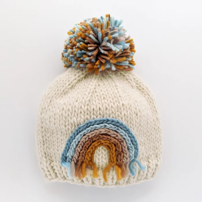 Hat (Knit Beanie) – Teal Rainbow
