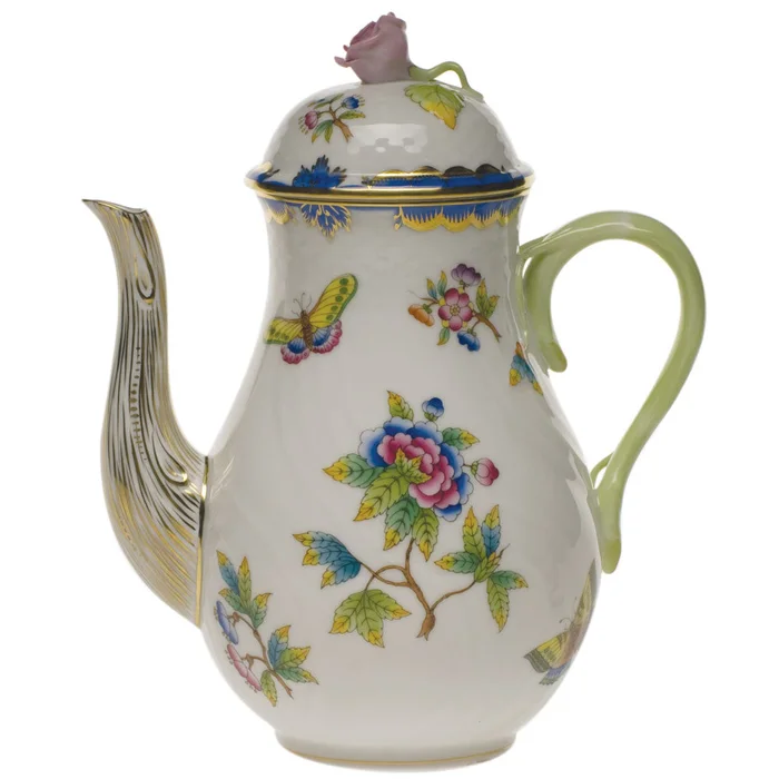 Herend Queen Victoria Blue Border Coffee Pot With Rose