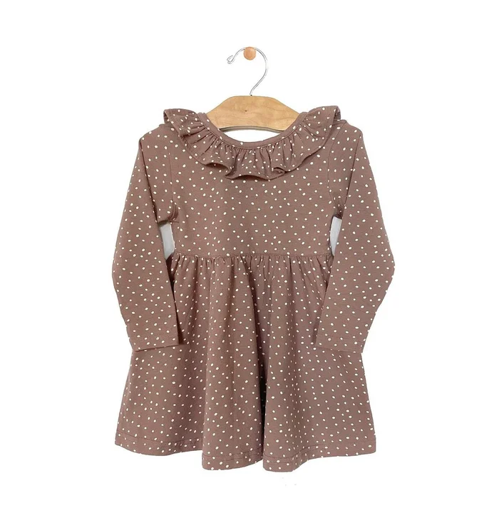 Jersey V Back Ruffle Dress (Long Sleeve) – Mauve Dots