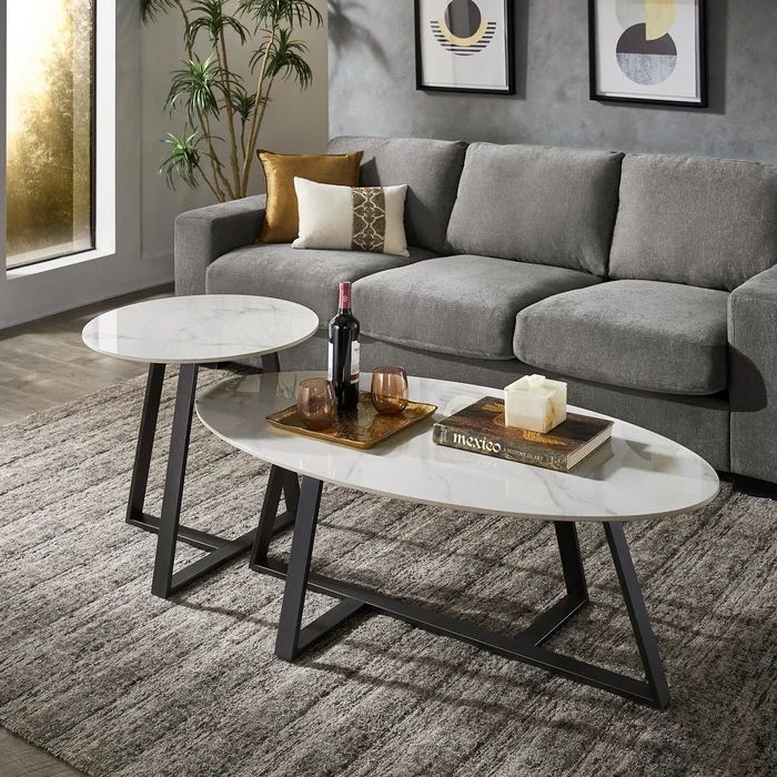 Jurmala Glossy Sintered Stone with Grey Metal Base Tables by iNSPIRE Q Modern