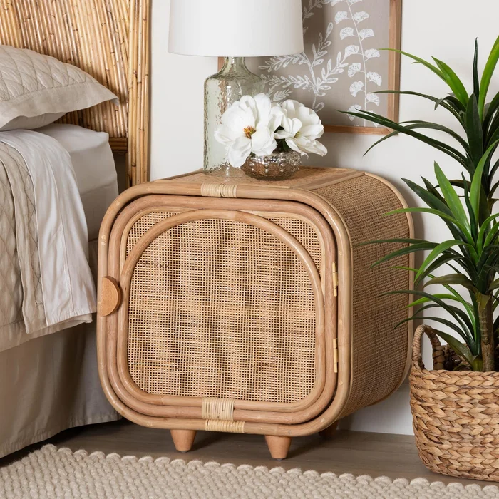 Keita Bohemian Natural Rattan and Mahogany Wood Nightstand
