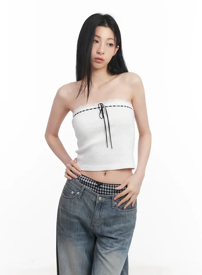 LEWKIN Lace Ribbon Tube Top