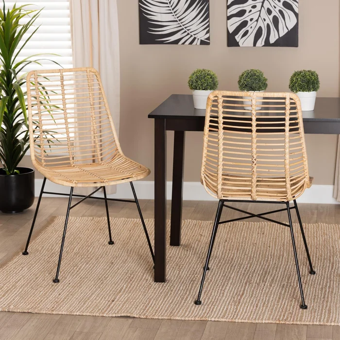 Manhattan Modern Bohemian Natural Brown Rattan and Black Metal 2-Piece Dining Chair Set
